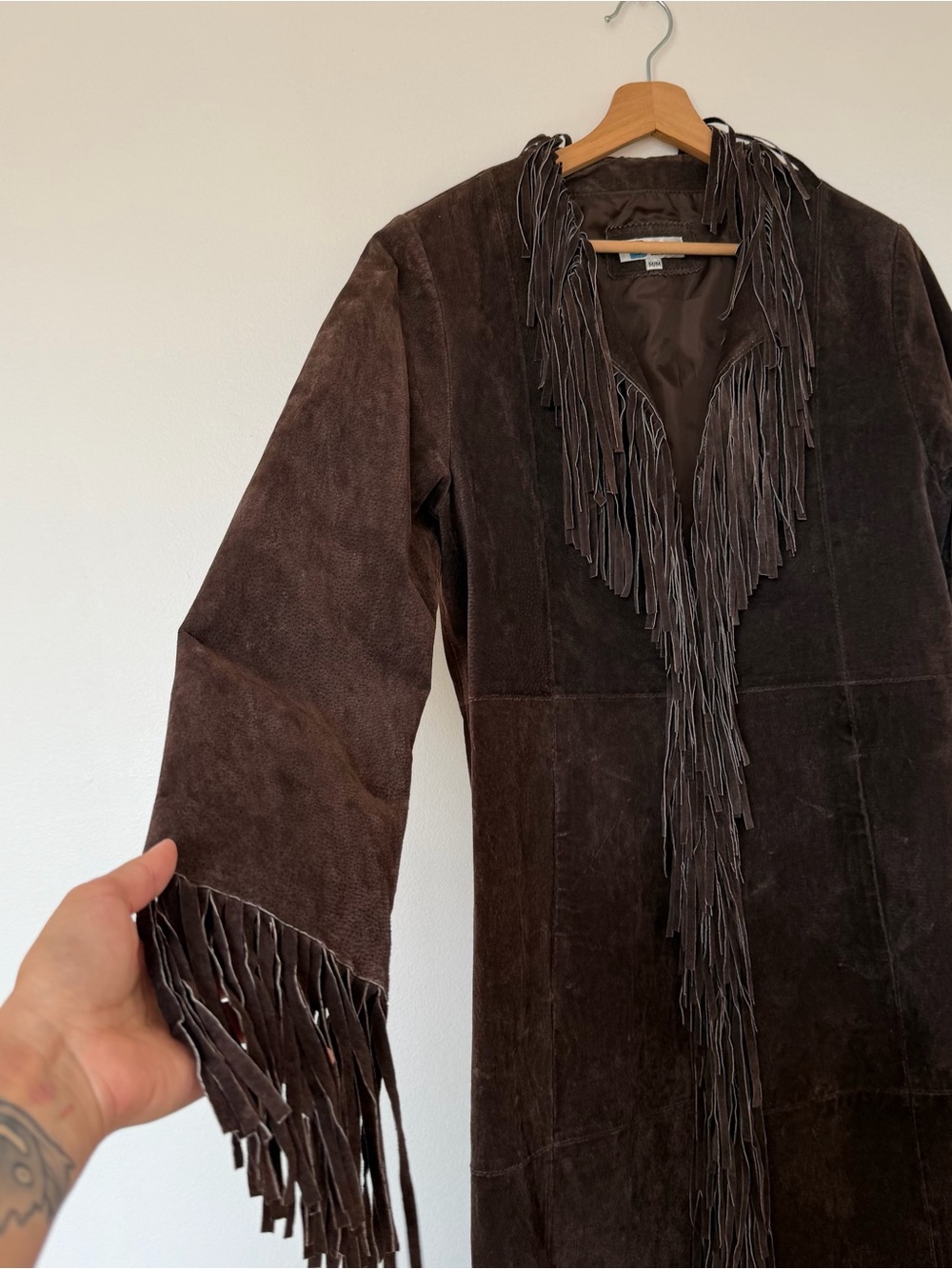 Insane Vintage Genuine Leather Cool Brown Fringe Trim Trenchcoat - Picture 2 of 5